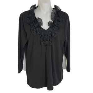 Colour Works Top Womens Large Black Chiffon Ruffle Rose V Neck Knit Blouse Tee